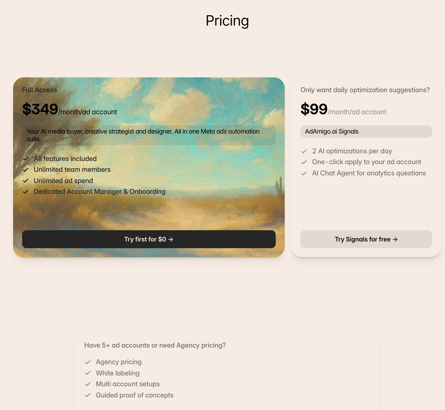 Adamigo's pricing page, Full Access at $349 per month per ad account and Signals at $99 per month per ad account